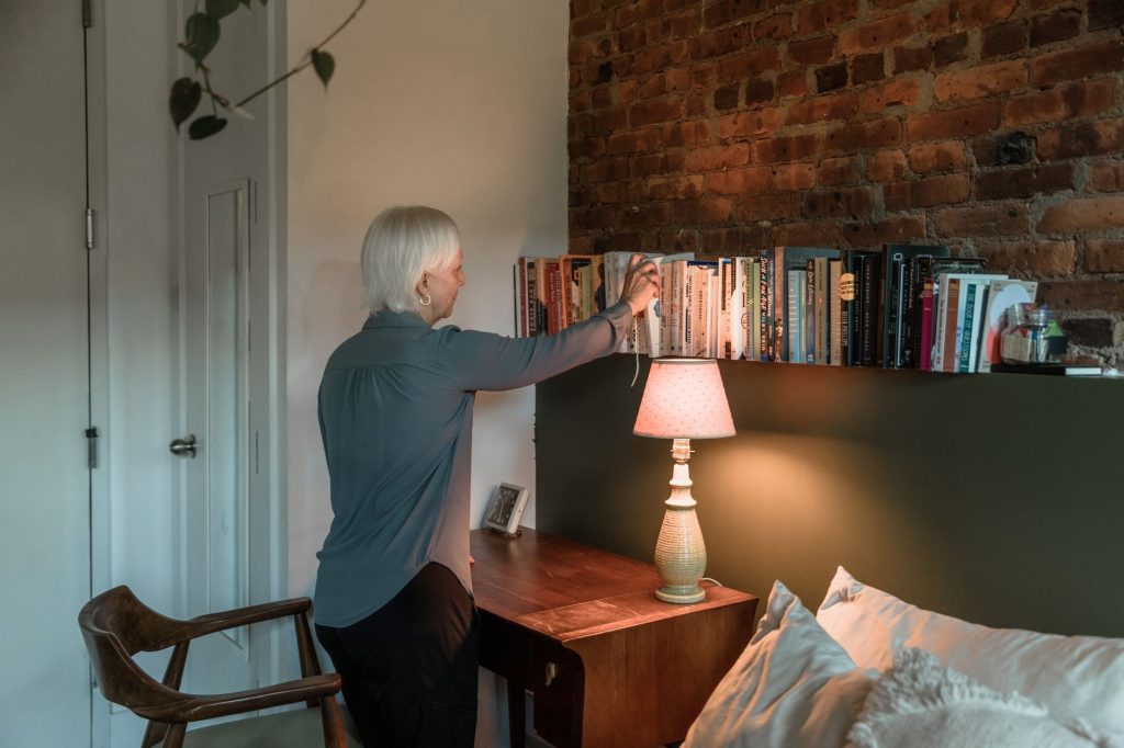 Coin bureau cosy avec étagère, plante et ordinateur dans un petit intérieur