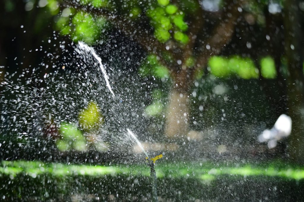 Arroseur en action sur une pelouse de jardin